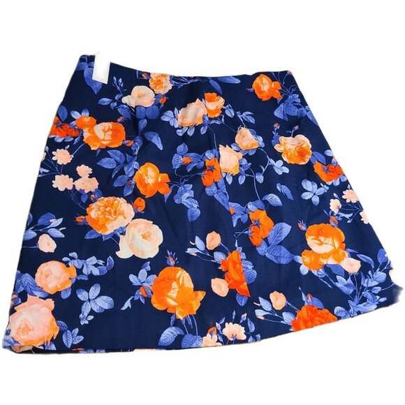 New! Talbots Women Skirt Sz 8 Floral Blue Orange Stretch Zip Lined Bright - Picture 1 of 11